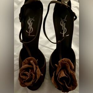 Authentic YSL T-strap Platform Peeptoe Heels w Suede Rosettes.